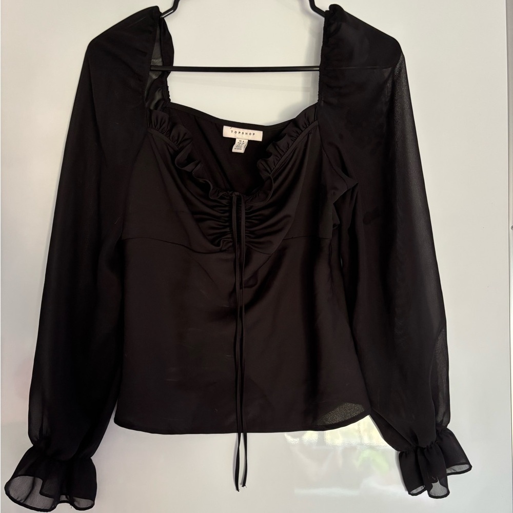 Topshop Black Ruched Ruffled Blouse